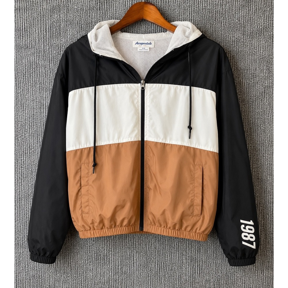 Y2K Aeropostale Colorblock Windbreaker Jacket Womens Medium Hooded Full Zip